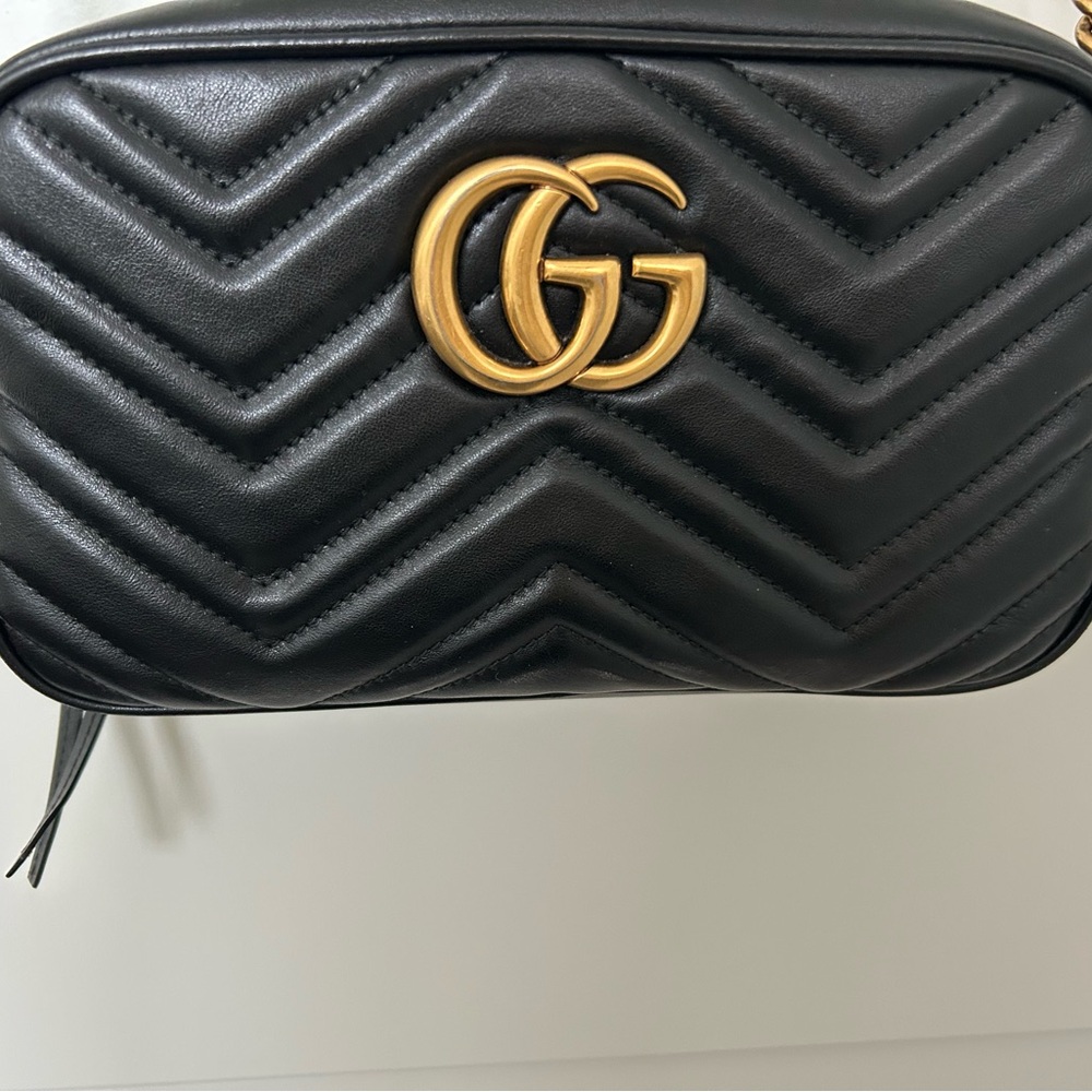 Gucci Black Chevron Crossbody Bag with Gold Logo
